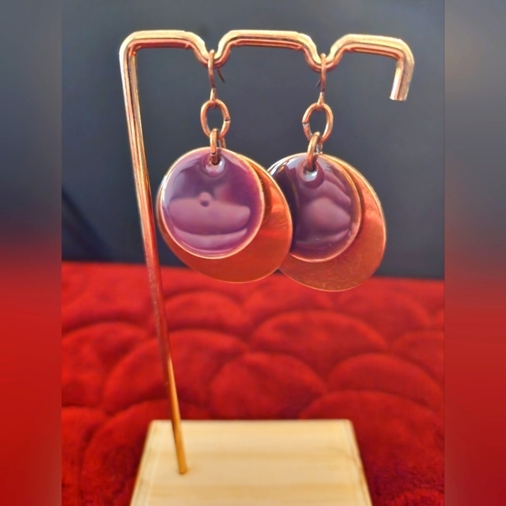 📣 Copper Double Round Disk Mauve Enamel Dangle Earrings😍